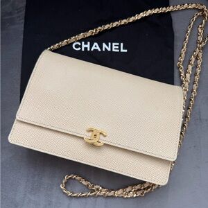 Vintage CHANEL Beige Caviar Wallet on Chain Leather Crossbody with Gold Hardware